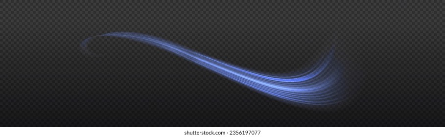 Glowing motion line. Magic speed flying trails of shine, bright shimmer particles fly. Dynamic blue waves. Luminous lines of speed. Light sparkling effect. Twist blue. Vector illustration.