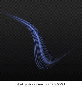 Línea de movimiento brillante. Rayos voladores mágicos de brillo, partículas brillantes de brillo vuelan. Ondas azules dinámicas. Líneas de velocidad luminosas. Efecto espumoso claro. Twist azul. Ilustración vectorial.