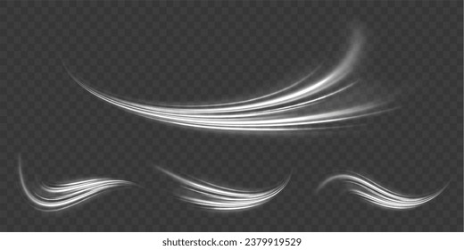 Línea de movimiento brillante. Rayos voladores mágicos de brillo, partículas brillantes de brillo vuelan. Ondas blancas dinámicas. Líneas de velocidad luminosas. Efecto espumoso claro. Ilustración vectorial.