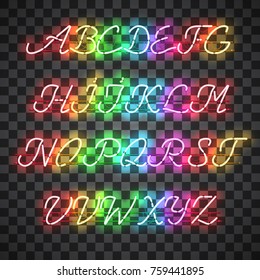 Glowing Multi Colors Neon Script Font with uppercase letters from A to Z with wires, tubes, brackets and holders. Shining and glowing neon effect. Vector illustration.