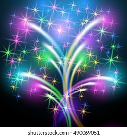 Glowing multicolor salute and firework with sparkle stars