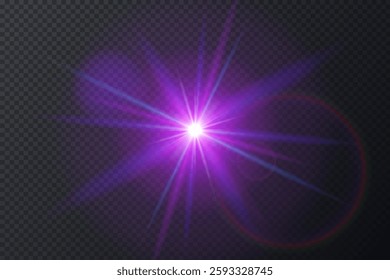 Glowing multicolor star light with lens flare. Realistic starburst lighting. Rays of light and glare. Abstract violet, pink, blue light effect on dark background. Spark star. Vector illustration