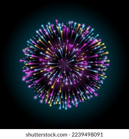 Fuegos artificiales multicolores brillantes sobre fondo oscuro. Anuncio nocturno brillante. Resumen de salpicaduras NEON de un patrón circular radial. Ilustración vectorial al estilo neón para festivales y fiestas 