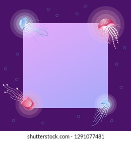 Glowing multi-colored jellyfish on a dark background and a window for text