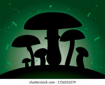glowing mushrooms silhouette vector at night forest