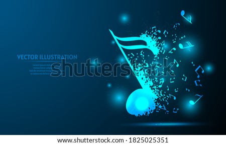 glowing music notes on a dark blue background of the space with shining stars.