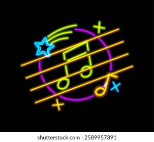 Glowing music notes and treble clef symbol with star and lines. Vector realistic neon light effect for musical sign and symbol. Shining night club signboard, entertainment establishment badge