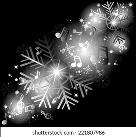 Glowing music notes with winter snowflakes. Winter melody. 