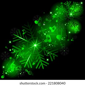 Glowing music notes with winter snowflakes. Winter melody. 