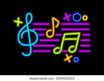 Glowing music sign and symbol with neon light effect. Vector realistic musical note line icon with circles. Karaoke bar or concert entertainment, nightlife activities. Entertainment at night