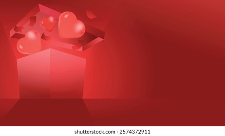 glowing mystery gift box with hearts come outside box dark red modern style banner or business presentation	templates