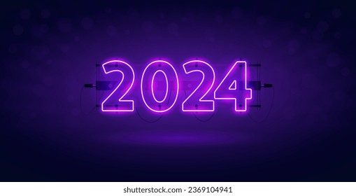 Neón brillante 2024 sobre fondo morado oscuro. Vector clipart para sus proyectos de vacaciones.