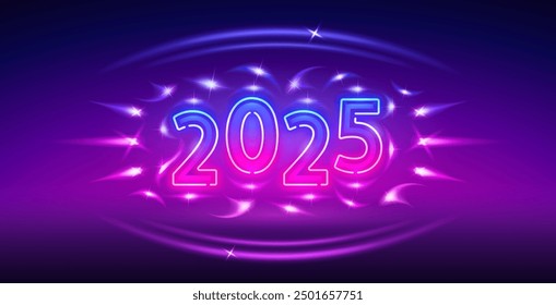 Glowing Neon 2025 on Dark Purple Background. Vector clipart for your holiday projects.