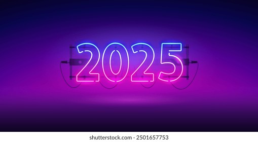 Glühendes Neon 2025 auf dunkelviolettem Hintergrund. Vektorclipart für Ihre Ferienprojekte.