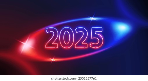 Glowing Neon 2025 on Dark Red and Blue Background. Vector clipart for your holiday projects.