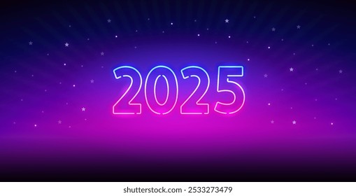 Glowing Neon 2025 Vector Clip Art with Stars. Vector clip art for your night party project design.