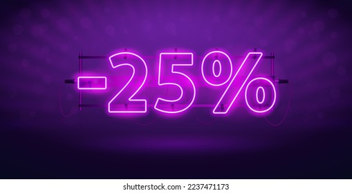 Glowing Neon 25 Percent Discount Banner. Stock vector clipart for sales design.