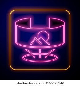 Glowing neon 360 degree view icon isolated on black background. Virtual reality. Angle 360 degree camera. Panorama photo.  Vector