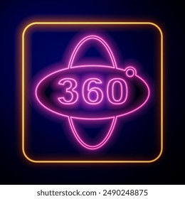 Glowing neon 360 degree view icon isolated on black background. Virtual reality. Angle 360 degree camera. Panorama photo.  Vector