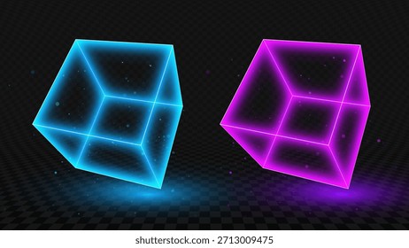 Cubos brillantes de neón 3D en azul y rosa sobre fondo oscuro de cuadrícula futurista con efectos de luz y partículas. Perfecto para tecnología, ciencia ficción y diseño digital. Ilustración vectorial.
