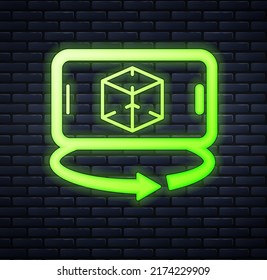 Glowing neon 3d modeling icon isolated on brick wall background. Augmented reality or virtual reality.  Vector