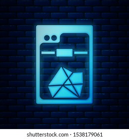 Glowing neon 3D printer icon isolated on brick wall background.  Vector Illustration