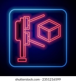 Glühender Neon-3D-Scanner mit Kubikprojektionssymbol einzeln auf schwarzem Hintergrund.  Vektorgrafik