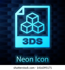 Glowing neon 3DS file document icon. Download 3ds button icon isolated on brick wall background. 3DS file symbol. Vector Illustration