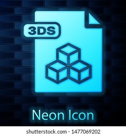 Glowing neon 3DS file document. Download 3ds button icon isolated on brick wall background. 3DS file symbol.  Vector Illustration