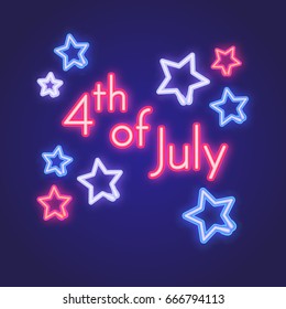 Glowing neon 4th July sign board. Vector illustration with stars and inscription.