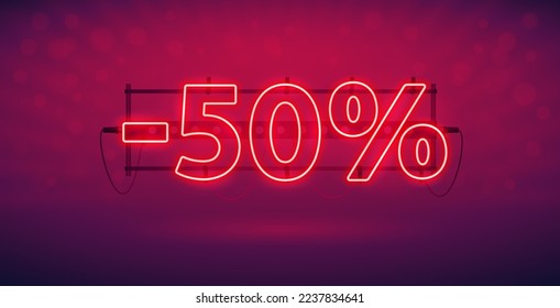 Glowing Neon 50 Percent Discount Banner. Stock vector clipart for sales design.