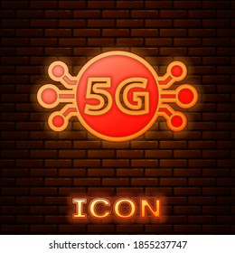 Glowing neon 5G new wireless internet wifi connection icon isolated on brick wall background. Global network high speed connection data rate technology. Vector.