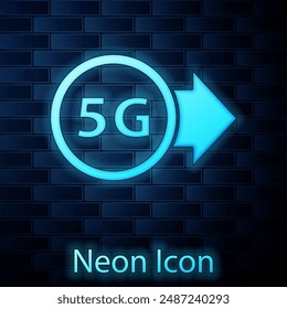 Glowing neon 5G new wireless internet wifi connection icon isolated on brick wall background. Global network high speed connection data rate technology.  Vector