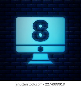 Glühende Neon 8. März auf Monitorsymbol einzeln auf Backsteinmauern Hintergrund. Internationaler Tag der glücklichen Frauen.  Vektorgrafik