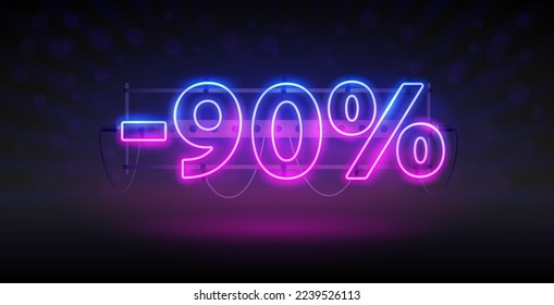 Glowing Neon 90 Percent Discount Banner. Stock vector clipart for sales design.