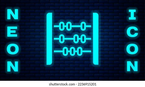 Icono de neón brillante de Abacus aislado en el fondo de la pared de ladrillo. Marco de recuento tradicional. Señal de educación. Escuela de Matemáticas.  Vector