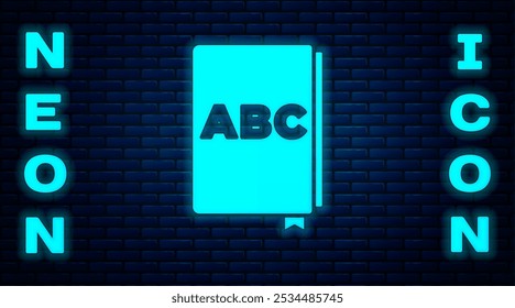 Glowing neon ABC book icon isolated on brick wall background. Dictionary book sign. Alphabet book icon.  Vector