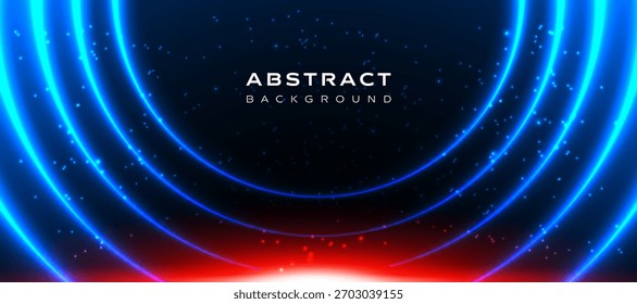 Fondo abstracto de neón brillante con líneas de luz curvas azules brillantes y partículas brillantes. Perfecto para temas de tecnología, diseños futuristas, presentaciones y Fondos de pantalla digitales.