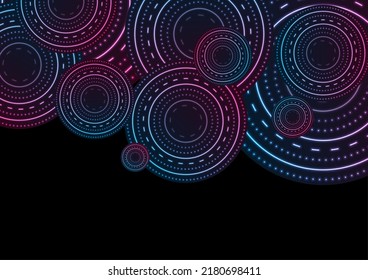 Glowing neon abstract futuristic background with circles and dotted lines. Technology vector design