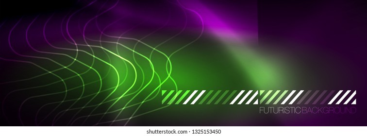 Glowing neon abstract lines, techno futuristic template, vector illustration