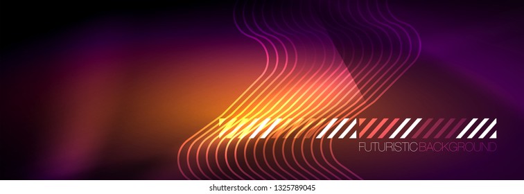 Glowing neon abstract lines, techno futuristic template, vector illustration