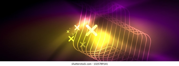 Glowing neon abstract lines, techno futuristic template, vector illustration