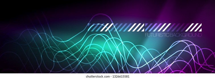 Glowing neon abstract lines, techno futuristic template, vector illustration