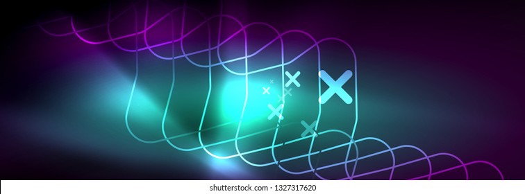 Glowing neon abstract lines, techno futuristic template, vector illustration