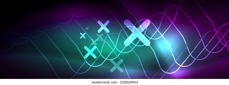 Líneas abstractas de neón brillante, plantilla tecno futurista, ilustración vectorial