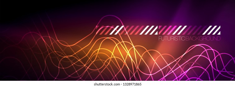 Glowing neon abstract lines, techno futuristic template, vector illustration