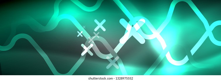 Glowing neon abstract lines, techno futuristic template, vector illustration