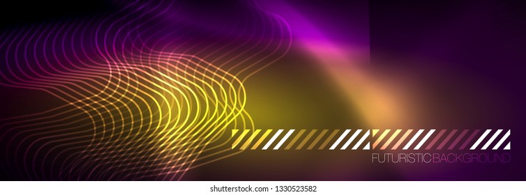 Glowing neon abstract lines, techno futuristic template, vector illustration