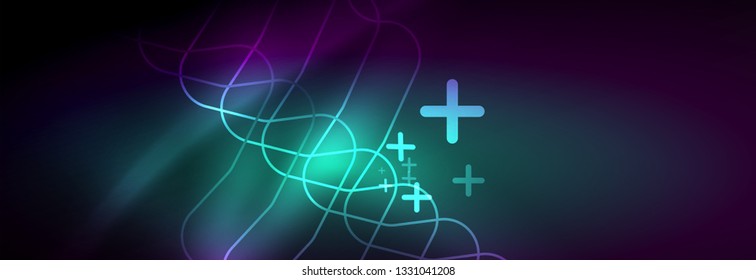 Glowing neon abstract lines, techno futuristic template, vector illustration