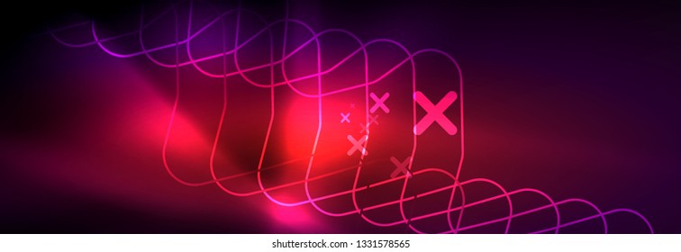 Glowing neon abstract lines, techno futuristic template, vector illustration